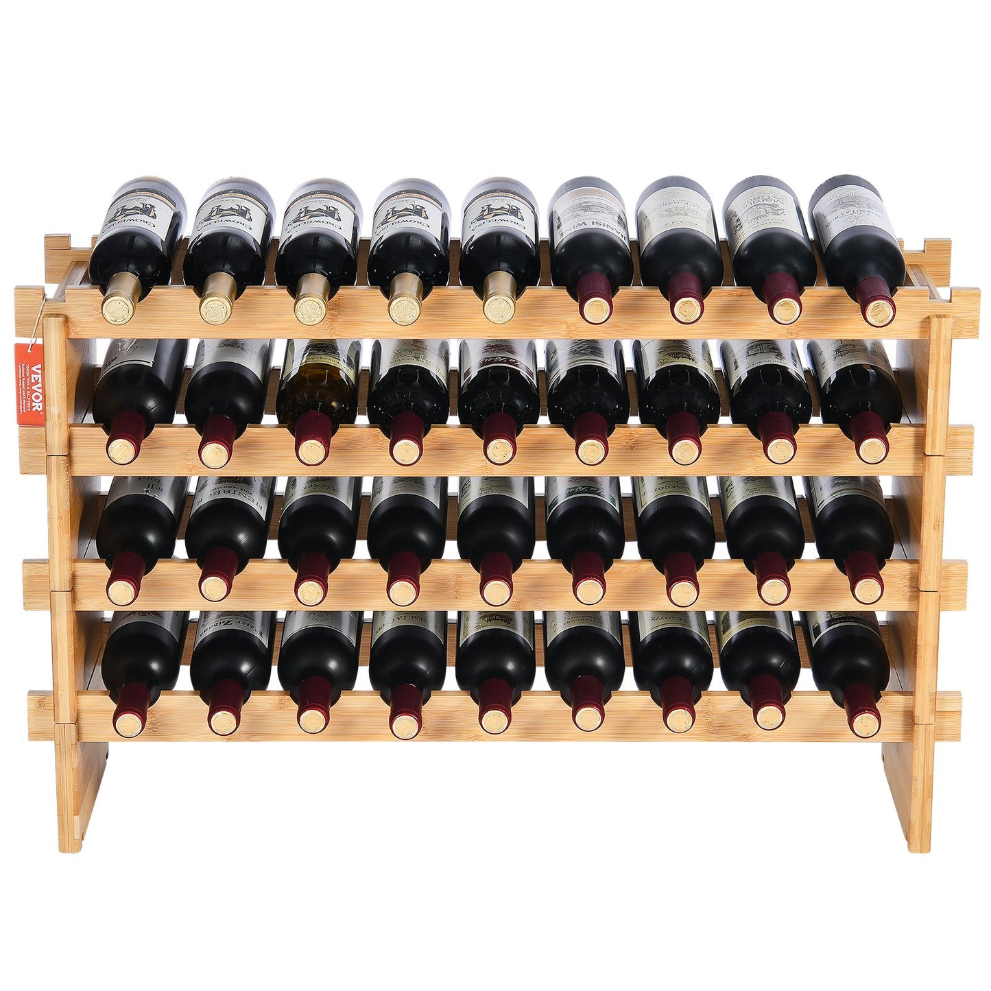36 Bottle Stackable Modular Wine Rack, 4-Tier Solid Bamboo Wood Storage Racks, Floor Freestanding Wines Holder Display Shelf, Wobble-Free Shelves for Kitchen, Bar, and Cellar (Natural Color)