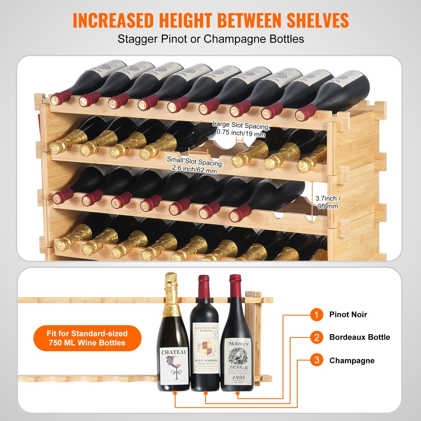 72 Bottle Upgrade Modular Wine Rack, Continuously Store Pinot Bottles, 8-Tier Bamboo Wood Storage Rack, Floor Freestanding Wines Holder Display Shelf, Wobble-Free Shelves for Kitchen Bar Cellar