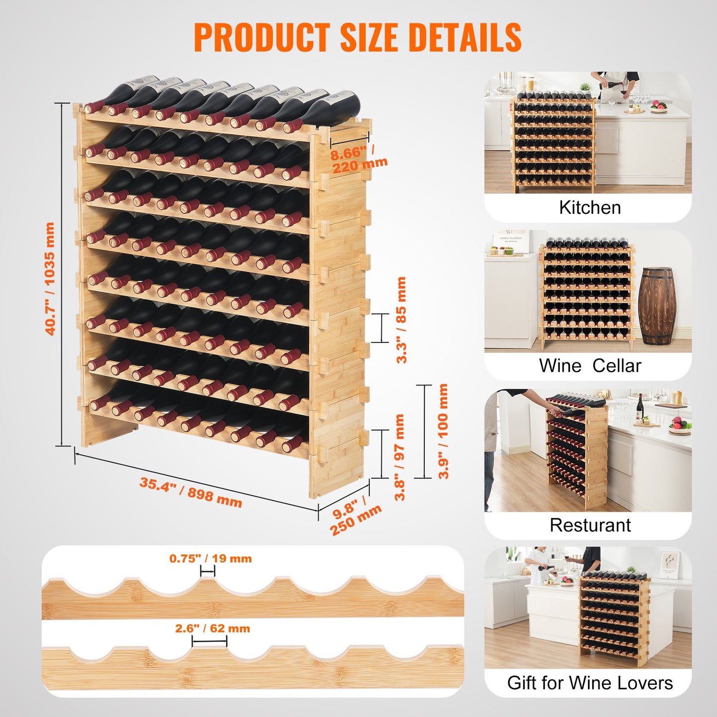 72 Bottle Upgrade Modular Wine Rack, Continuously Store Pinot Bottles, 8-Tier Bamboo Wood Storage Rack, Floor Freestanding Wines Holder Display Shelf, Wobble-Free Shelves for Kitchen Bar Cellar