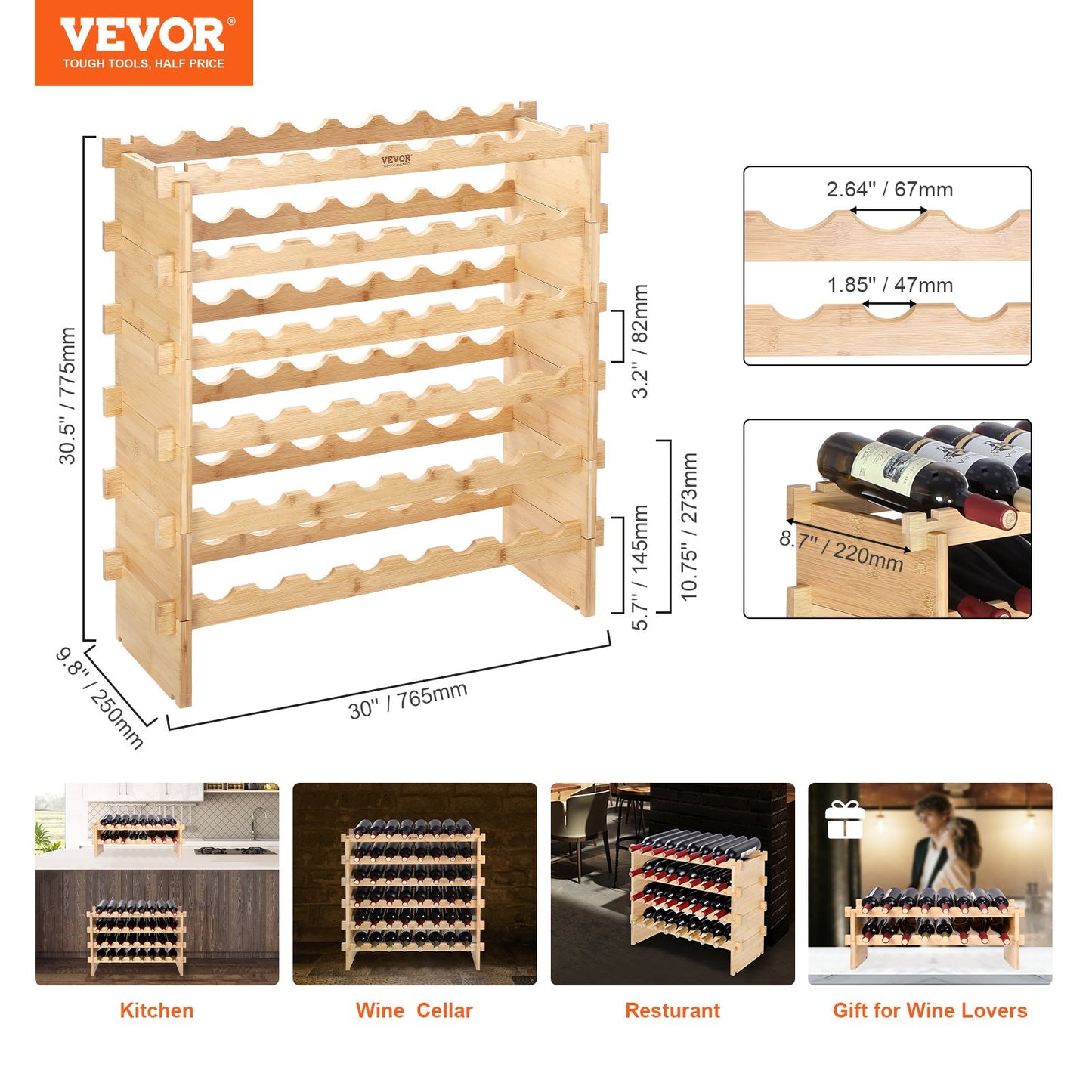 48 Bottle Stackable Modular Wine Rack Bamboo Wood Display Shelf 6-Tier