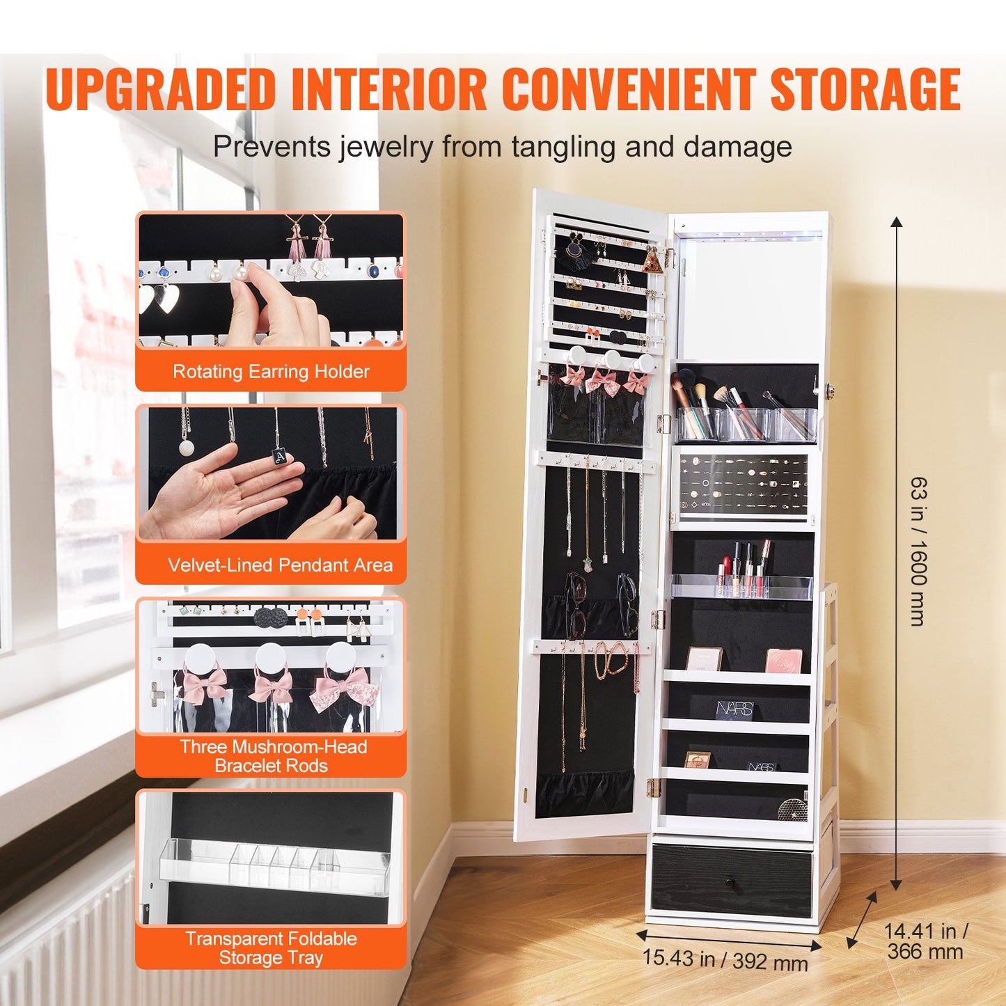 Spegelsmyckesskåp, 360° vridbar stående spegel med förvaring, låsbar smyckesspegelorganisatör med helfigursspegel, sammetsfoder, LED-ljus, låda, fristående smyckesskåp, vit