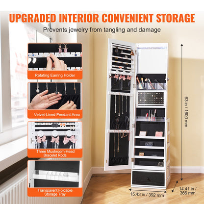 Spegelsmyckesskåp, 360° vridbar stående spegel med förvaring, låsbar smyckesspegelorganisatör med helfigursspegel, sammetsfoder, LED-ljus, låda, fristående smyckesskåp, vit