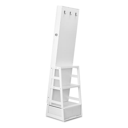 Spegelsmyckesskåp, 360° vridbar stående spegel med förvaring, låsbar smyckesspegelorganisatör med helfigursspegel, sammetsfoder, LED-ljus, låda, fristående smyckesskåp, vit