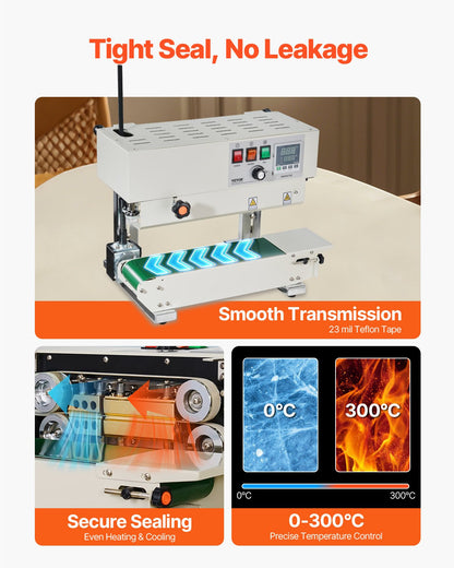 Continuous Bag Band Sealing Machine, 0.24-0.47 in/6-12 mm Seal Width, Vertical Band Sealer Machine with Digital Temperature Control, Carbon Steel Bag Sealer for 0.02-0.8 mm Plastic Bags Films