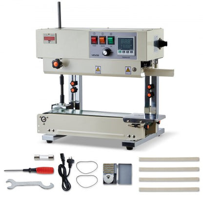 Continuous Bag Band Sealing Machine, 6-12 mm Seal Width, Vertical Band Sealer Machine with Roller Printing , Temp & Speed Adjustable, Heat Sealing Machine for 0.03-0.8 mm Plastic Bags