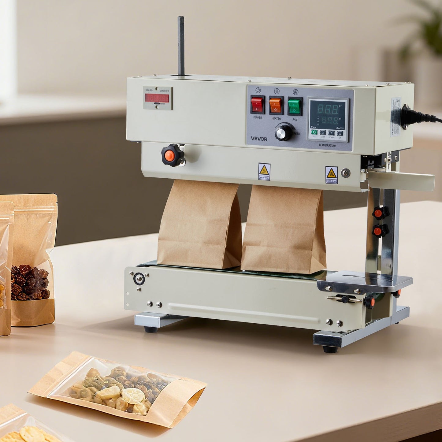 Continuous Bag Band Sealing Machine, 6-12 mm Seal Width, Vertical Band Sealer Machine with Roller Printing , Temp & Speed Adjustable, Heat Sealing Machine for 0.03-0.8 mm Plastic Bags