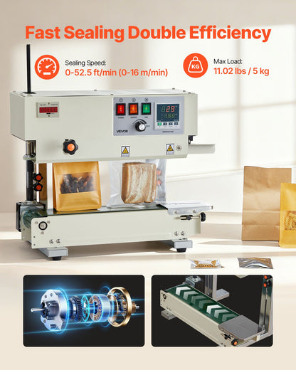 Continuous Bag Band Sealing Machine, 6-12 mm Seal Width, Vertical Band Sealer Machine with Roller Printing , Temp & Speed Adjustable, Heat Sealing Machine for 0.03-0.8 mm Plastic Bags