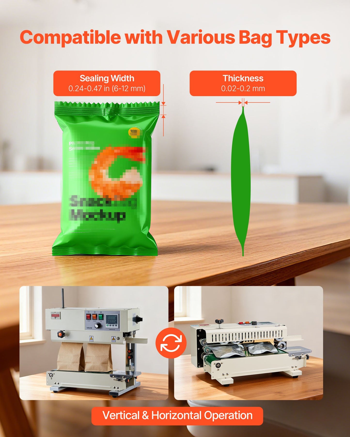 Continuous Bag Band Sealing Machine, 6-12 mm Seal Width, Vertical Band Sealer Machine with Roller Printing , Temp & Speed Adjustable, Heat Sealing Machine for 0.03-0.8 mm Plastic Bags