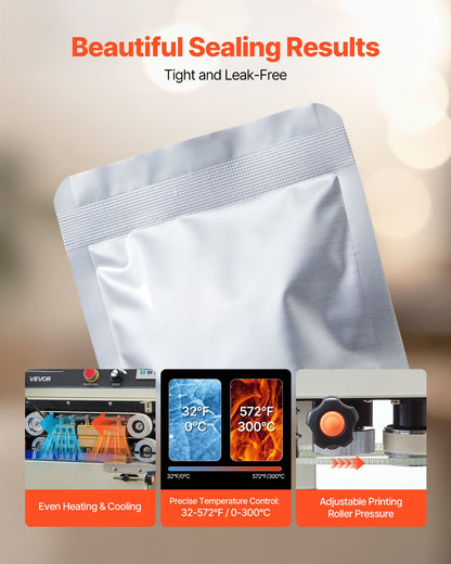 Continuous Bag Band Sealing Machine, 6-12 mm Seal Width, Vertical Band Sealer Machine with Roller Printing , Temp & Speed Adjustable, Heat Sealing Machine for 0.03-0.8 mm Plastic Bags