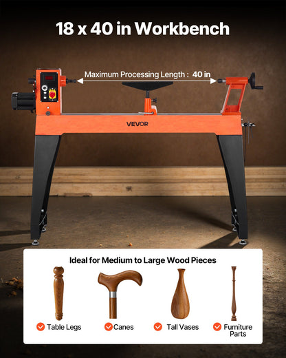 Woodworking Lathe, 1500W / 2 HP, Wood Lathe Machine with 0 to 3200 RPM Variable Speed, 457 x 1020 mm Workbench, Brushless DC Motor, Cast Iron Body, Tool Rest, for Medium to Large Projects Woodworking