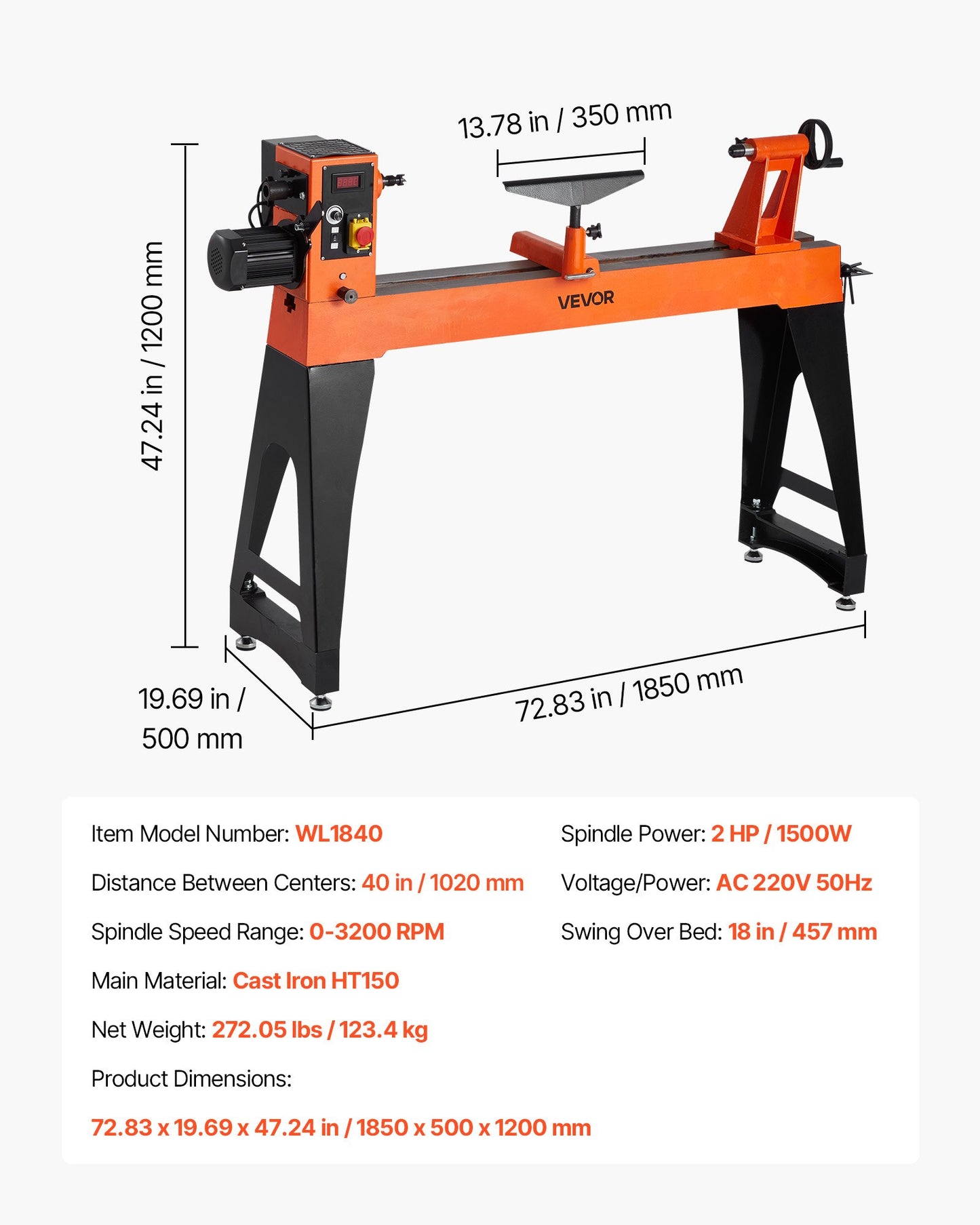Woodworking Lathe, 1500W / 2 HP, Wood Lathe Machine with 0 to 3200 RPM Variable Speed, 457 x 1020 mm Workbench, Brushless DC Motor, Cast Iron Body, Tool Rest, for Medium to Large Projects Woodworking
