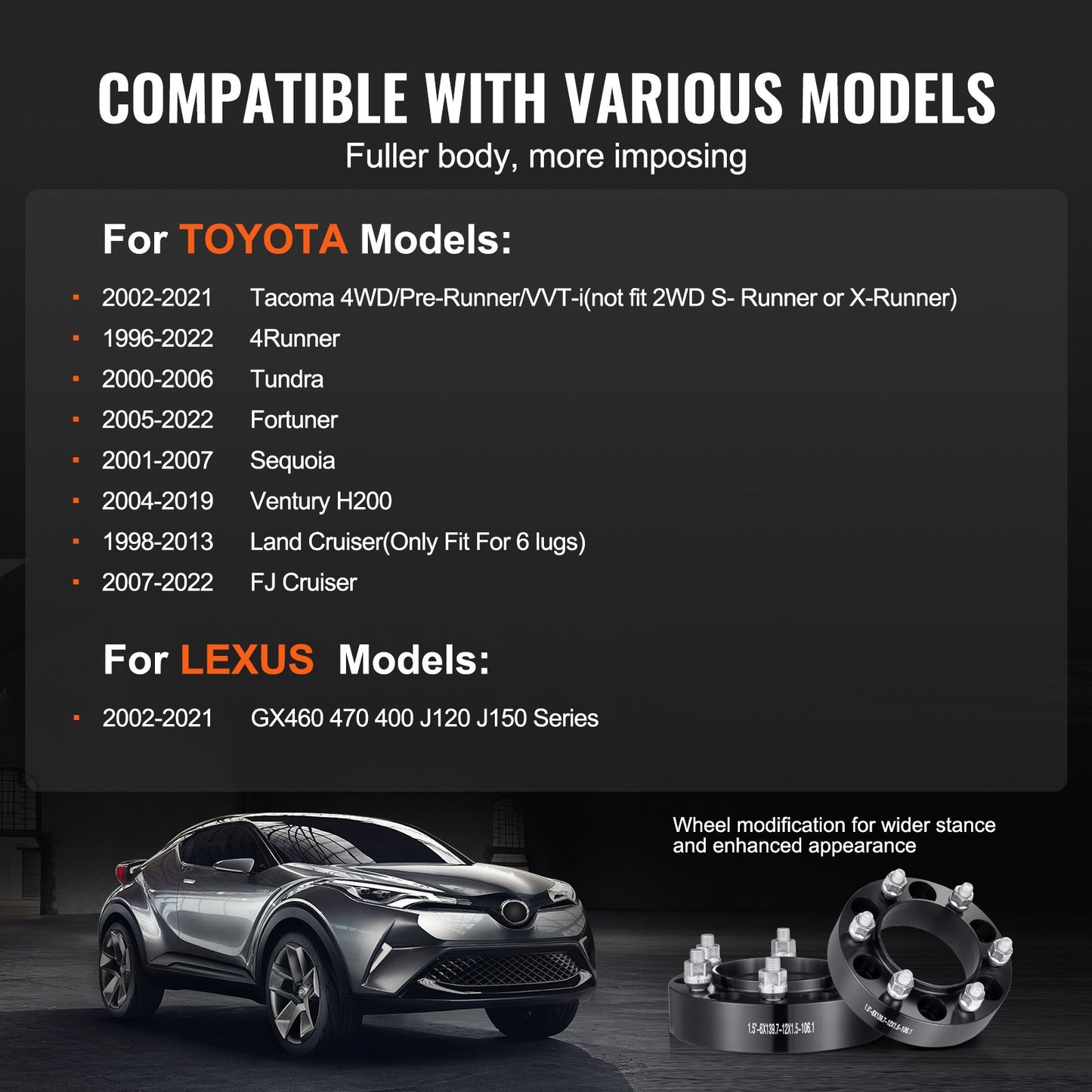 Hjulspacers, 1,5" 6"x5,5" hjuladaptrar, 6-gaffels smidda distanser, 106,1 mm borrning navcentrisk M12 x1,5 pinnbultar distanser, passar för 1996-2022 Toyota och Lexus, 4 st svarta