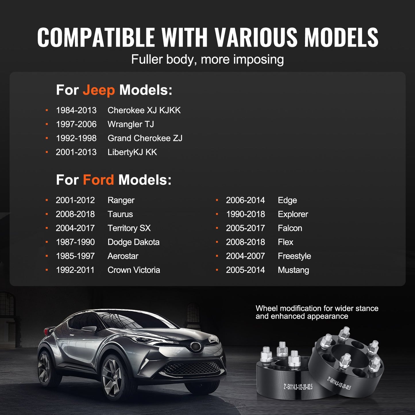 Hjulspacers, 2" 5"x4.5" hjuladaptrar, 5-gaffels smidda distanser, 82.5 mm borrning navcentrisk 1/2"-20 pinnbultar distanser, passar för 1984-2018 Jeep och Ford, 4 st svarta