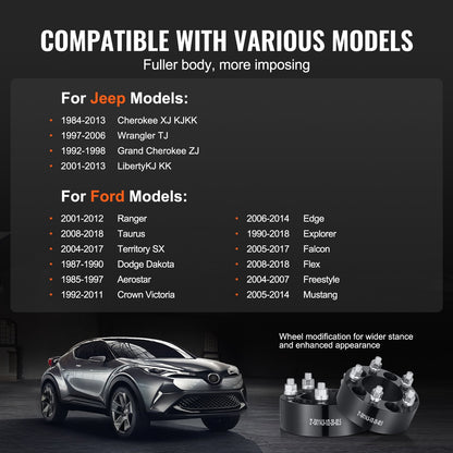 Hjulspacers, 2" 5"x4.5" hjuladaptrar, 5-gaffels smidda distanser, 82.5 mm borrning navcentrisk 1/2"-20 pinnbultar distanser, passar för 1984-2018 Jeep och Ford, 4 st svarta