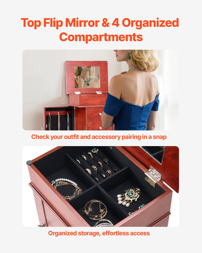 Smyckesskåp, stående smyckesförvaringsbyrå i trä med 3 lådor, fällbar spegel, 4 förvaringsfack upptill, handtag i zinklegering, 2 sidodörrar med 6 halsbandskrokar