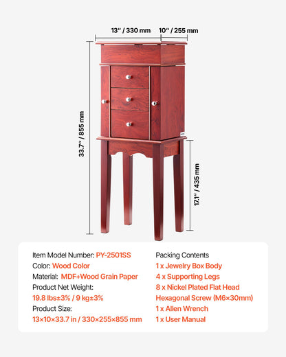 Smyckesskåp, stående smyckesförvaringsbyrå i trä med 3 lådor, fällbar spegel, 4 förvaringsfack upptill, handtag i zinklegering, 2 sidodörrar med 6 halsbandskrokar