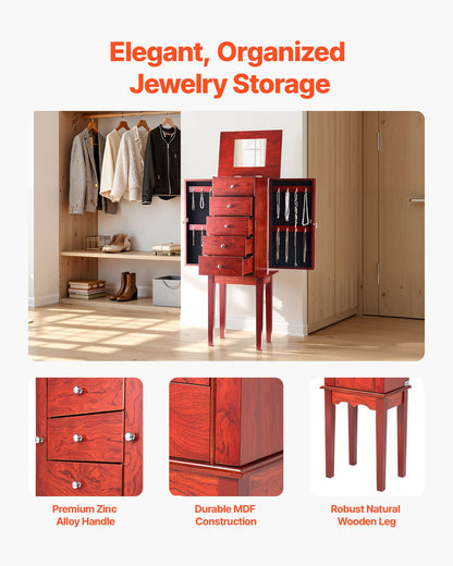 Jewelry Cabinet Armoire, Standing Wood Jewelry Storage Chest with 4 Spacious Drawers, Flip Top Mirror, 4 Top Storage Compartments, Zinc Alloy Handles, 2 Side Doors with 16 Necklace Hooks