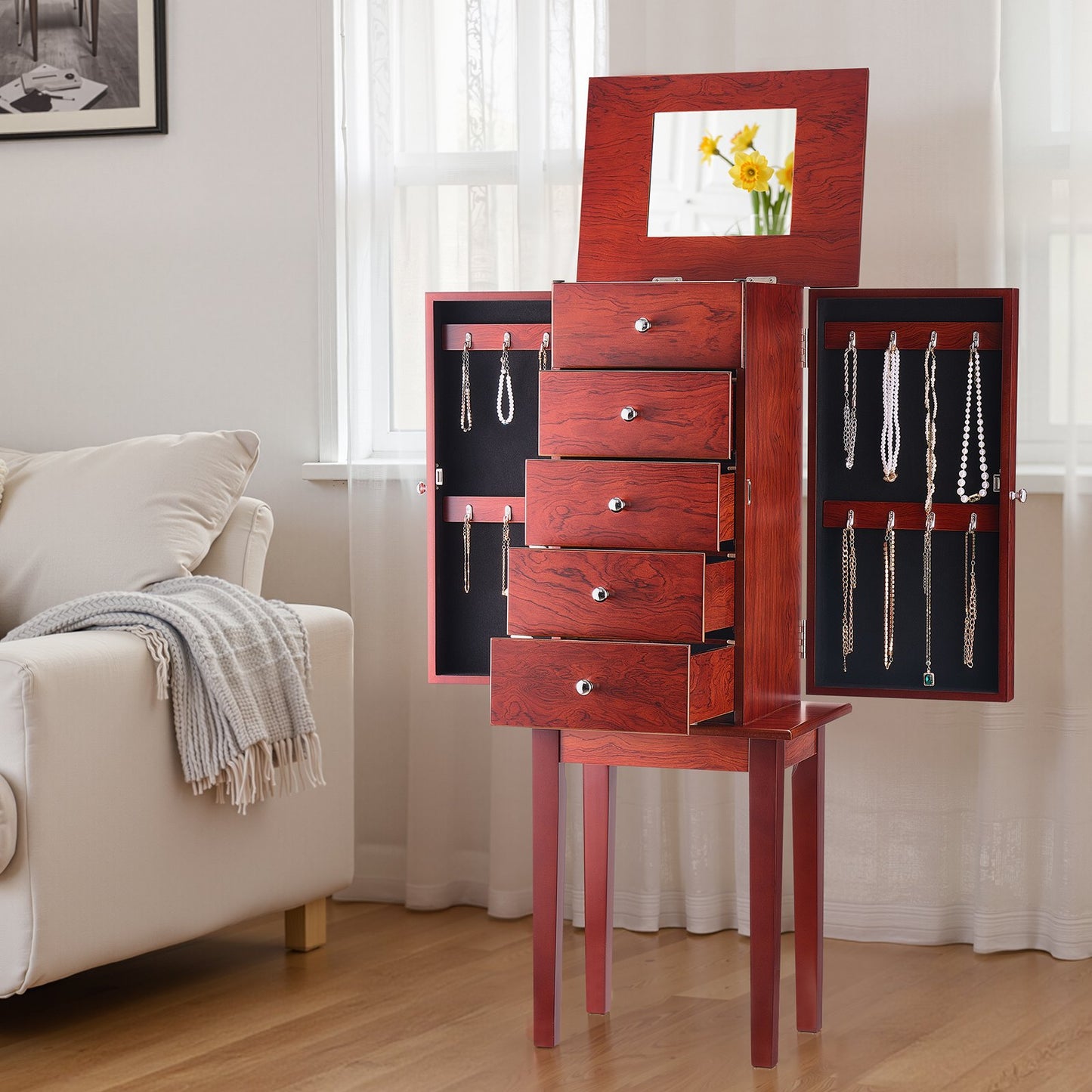 Jewelry Cabinet Armoire, Standing Wood Jewelry Storage Chest with 4 Spacious Drawers, Flip Top Mirror, 4 Top Storage Compartments, Zinc Alloy Handles, 2 Side Doors with 16 Necklace Hooks