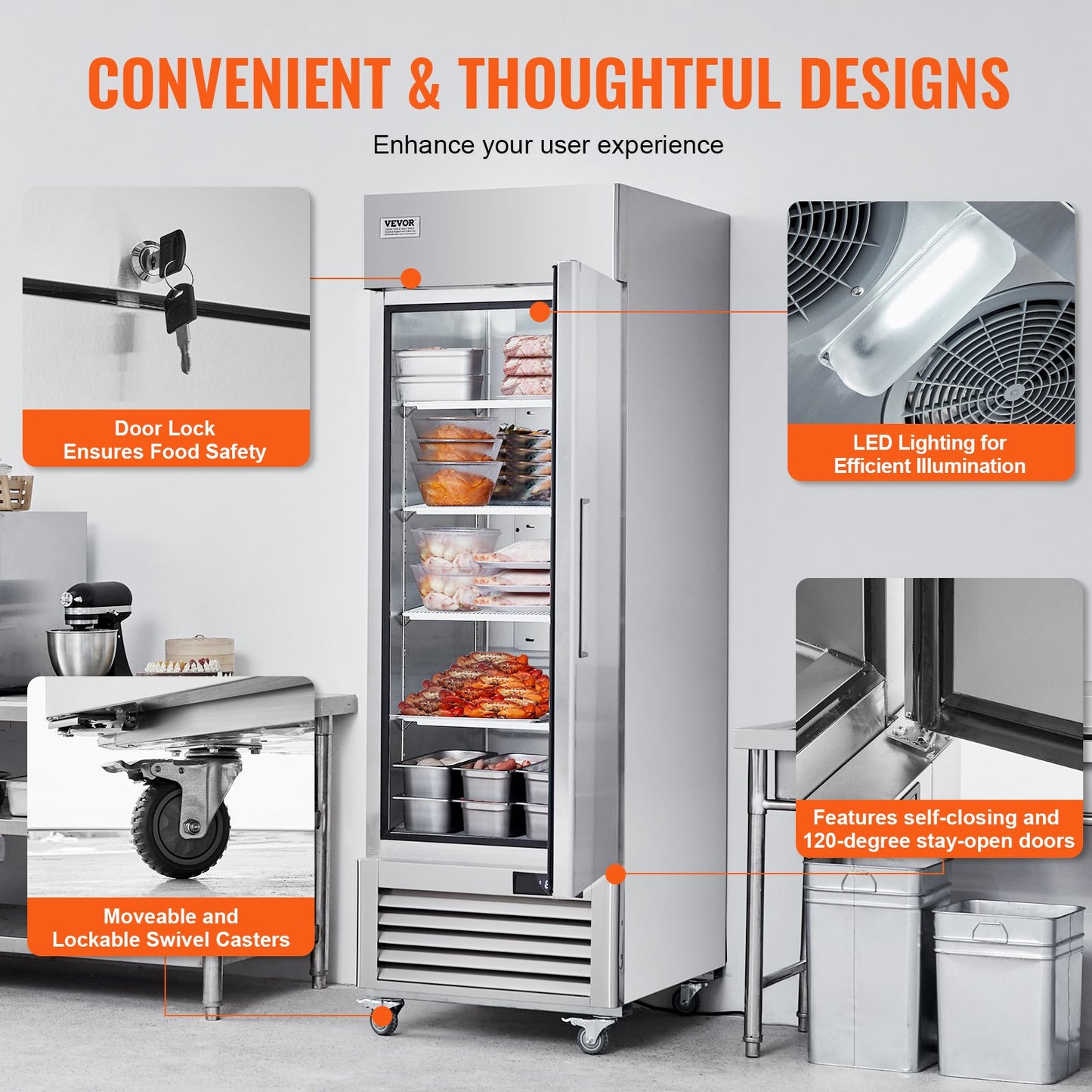 Kommersiell frys 20,12 kubikfot, infällbar frys med enkel dörr, automatisk avfrostning, infällbar frys i rostfritt stål med 3 justerbara hyllor, temperaturkontroll från -13 till 5℉ och 4 hjul