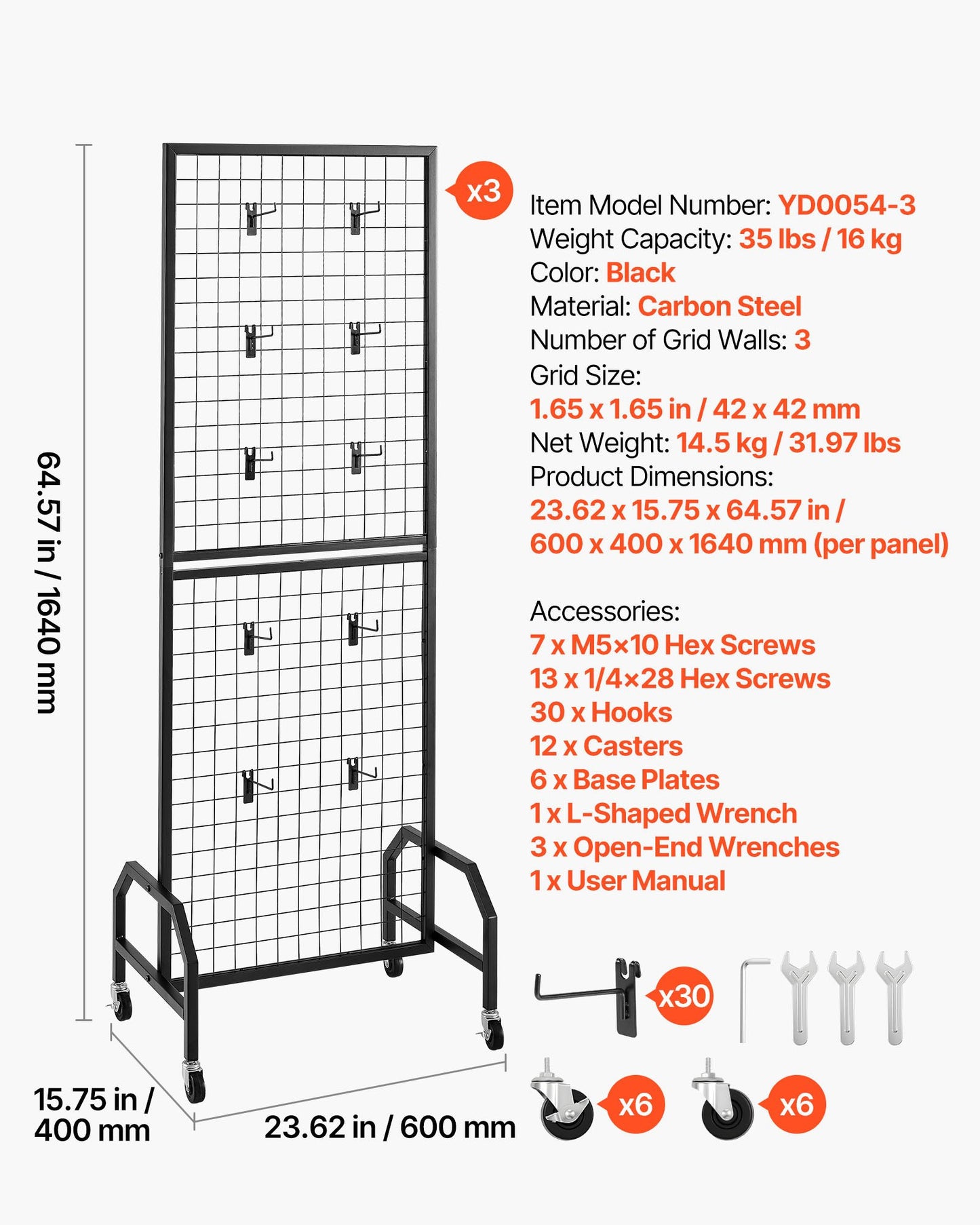 3 Packs Grid Wall Panels, 600 x 1640mm Wire Grid Panels Display Rack, Movable Art Display Shelf with Wheels and 30 Hooks, Black Carbon Steel Gridwall for Craft Show, Decor, Storage, Notice Board