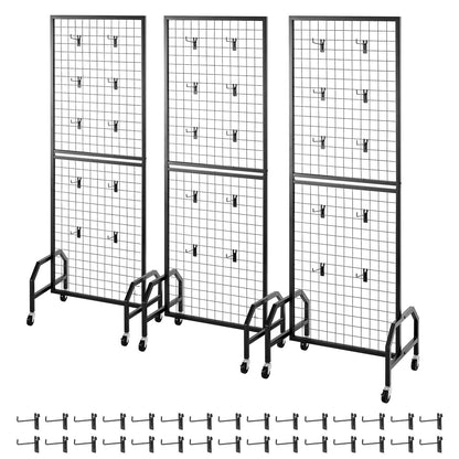 3 Packs Grid Wall Panels, 600 x 1640mm Wire Grid Panels Display Rack, Movable Art Display Shelf with Wheels and 30 Hooks, Black Carbon Steel Gridwall for Craft Show, Decor, Storage, Notice Board