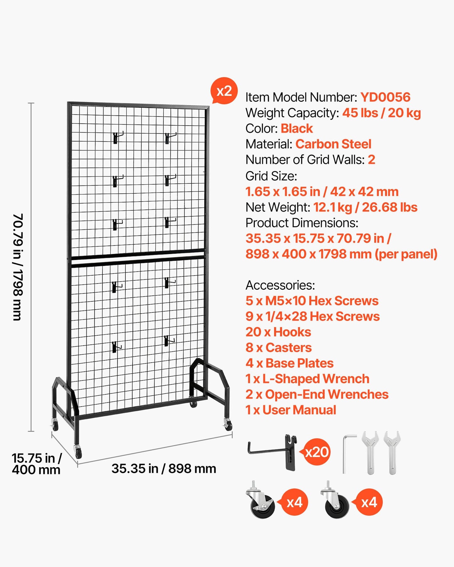 2 Packs Grid Wall Panels, 898 x 1798 mm Wire Grid Panels Display Rack, Movable Art Display Shelf with Wheels & 10 Hooks, Black Carbon Steel Gridwall for Craft Show, Decor, Storage, Notice Board