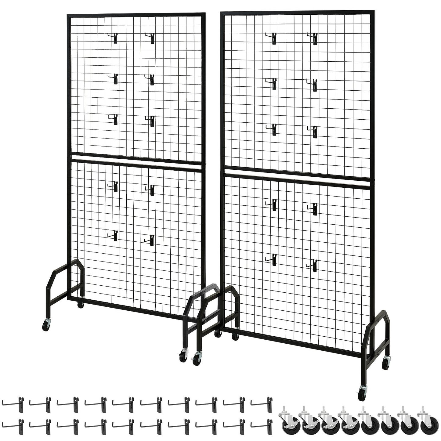 2 Packs Grid Wall Panels, 898 x 1798 mm Wire Grid Panels Display Rack, Movable Art Display Shelf with Wheels & 10 Hooks, Black Carbon Steel Gridwall for Craft Show, Decor, Storage, Notice Board