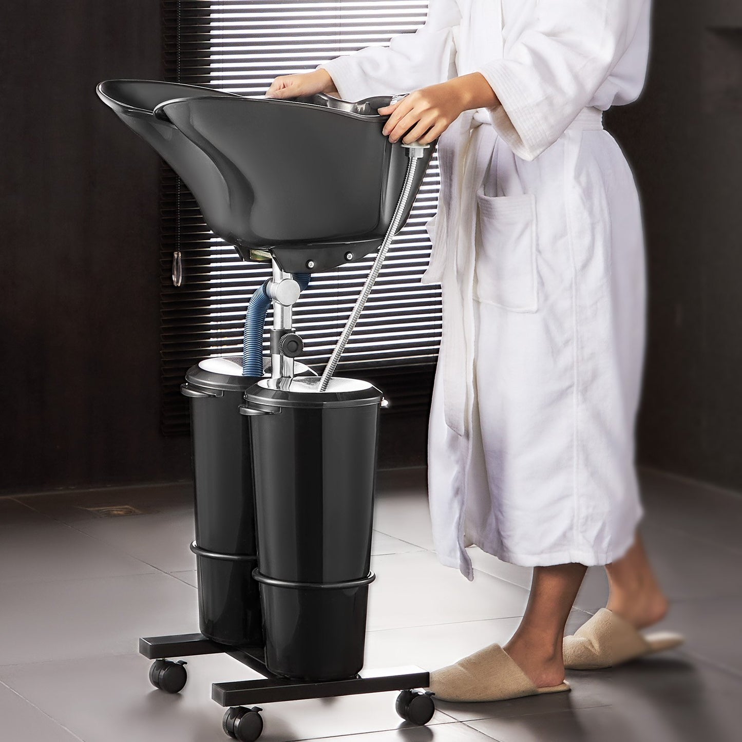 Portable Shampoo Bowl, Shampoo Sink for Washing Hair with Electric Pump, Includes 2 Buckets 2 Showerheads, Drain Hose, Height and Angle Adjustable Portable Wash Bowl for Home Salon Use, Black