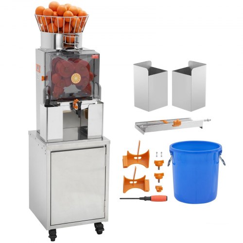 Commercial Orange Juicer, 120W Automatic Feeding Juice Extractor with Water Tap, Stainless Steel Juicer Machine 25 Oranges/Minute, with Pull-Out Filter Box, PC Cover, 3 Peel Collecting Buckets