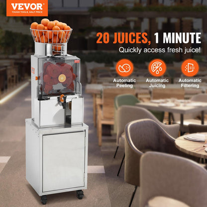 Commercial Orange Juicer, 120W Automatic Feeding Juice Extractor with Water Tap, Stainless Steel Juicer Machine 25 Oranges/Minute, with Pull-Out Filter Box, PC Cover, 3 Peel Collecting Buckets