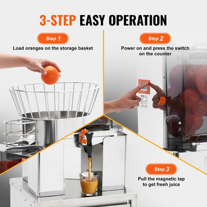 Commercial Orange Juicer, 120W Automatic Feeding Juice Extractor with Water Tap, Stainless Steel Juicer Machine 25 Oranges/Minute, with Pull-Out Filter Box, PC Cover, 3 Peel Collecting Buckets