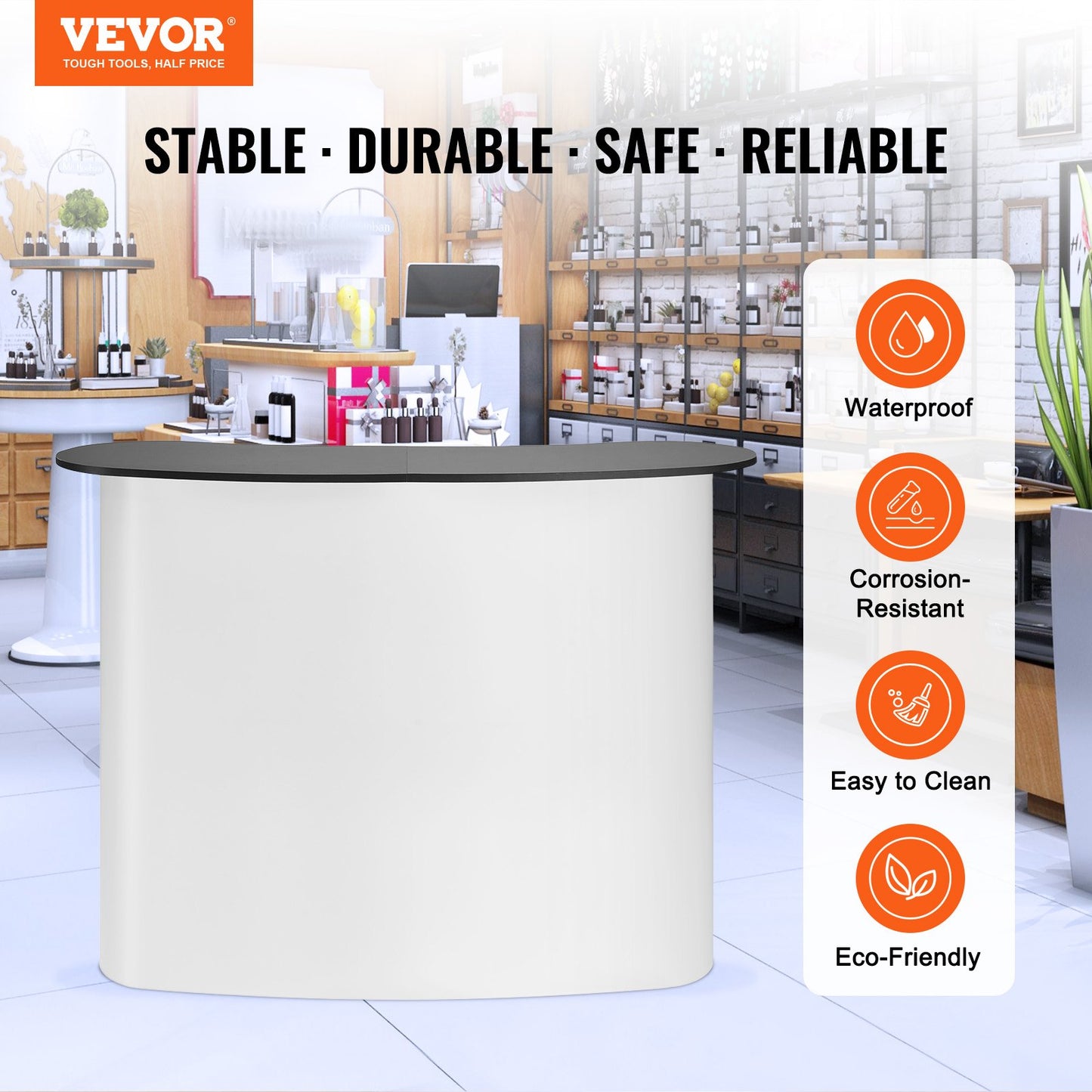 Portable Tradeshow Podium Table, 130 × 46,5 × 95 cm, Display Exhibition Counter Stand Booth Fair with Wall, Foldable Promotion Retail Bar Table Pop Up Podium with Storage Rack, Carrying Bag