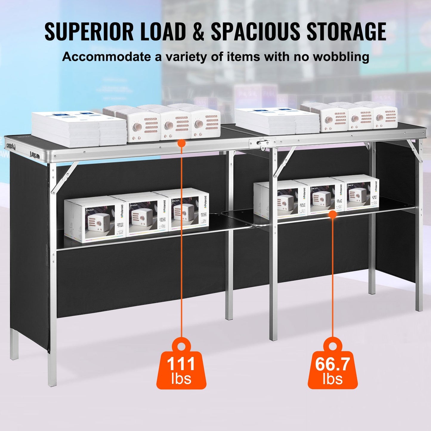 Portable Tradeshow Podium Table, 1980 x 385 x 880 mm, Display Exhibition Counter Stand Booth Fair with Wall, Foldable Promotion Retail Bar Table Podium with Storage Rack and Carrying Bag