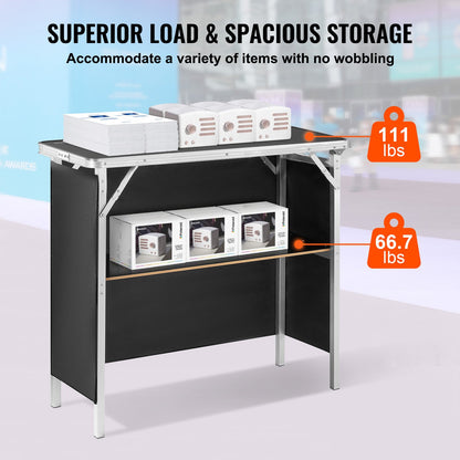 Portable Tradeshow Podium Table, 97,5 × 38,5 × 87 cm, Display Exhibition Counter Stand Booth Fair with Wall, Foldable Promotion Retail Bar Table Podium with Storage Rack and Carrying Bag