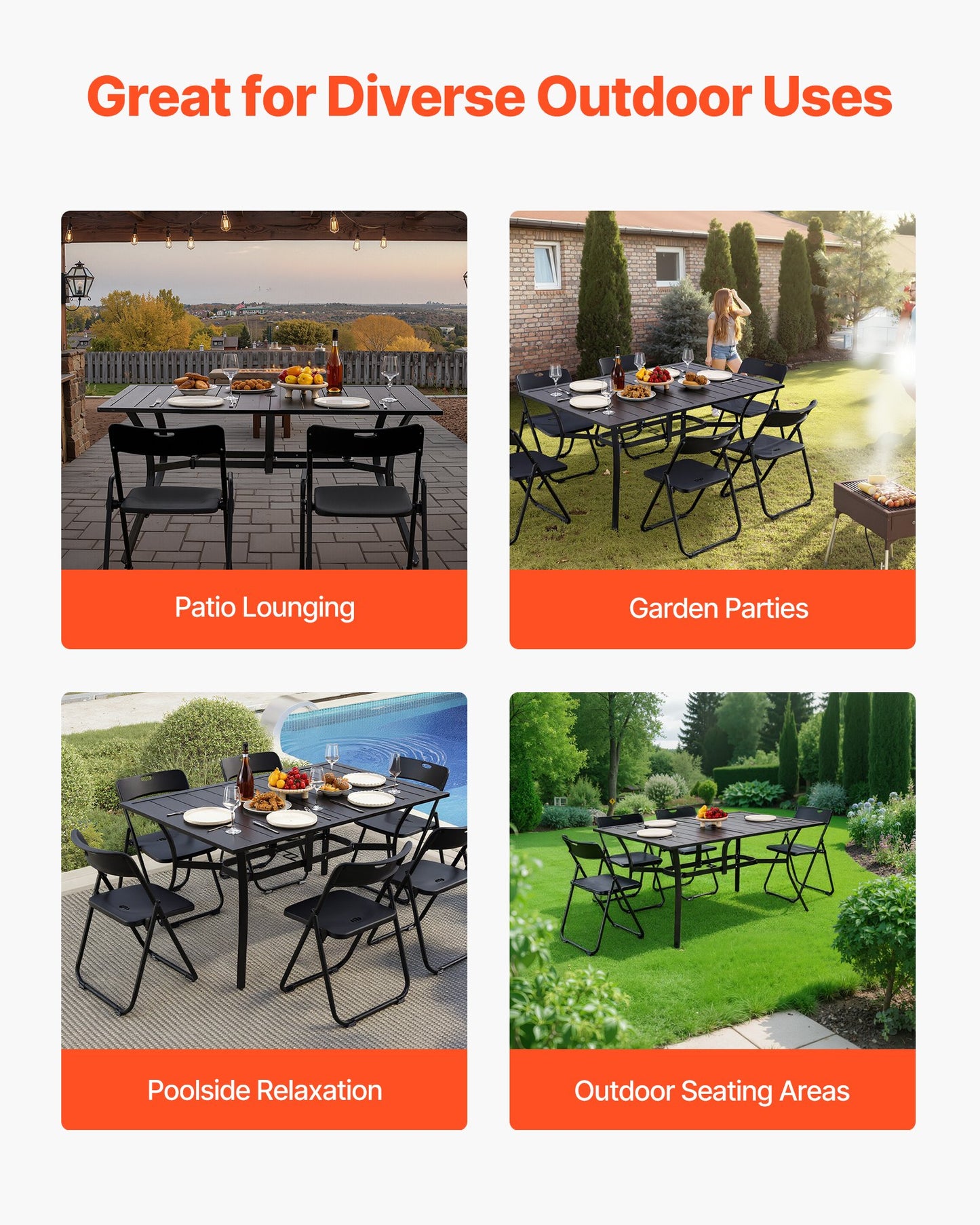 Outdoor Patio Dining Table, 150cm Long Rectangular Metal Steel Slat Backyard Bistro Tables for 4-6, with 38mm Umbrella Hole, All-Weather Large Furniture for Lawn Garden Porch, Black