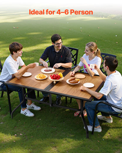 Matbord för utomhusbruk, 150 cm långt rektangulärt bistrobord i träliknande stål med ribbor för 4-6 personer, med 38 mm paraplyhål, stora vädertåliga möbler för gräsmatta/veranda, brunt