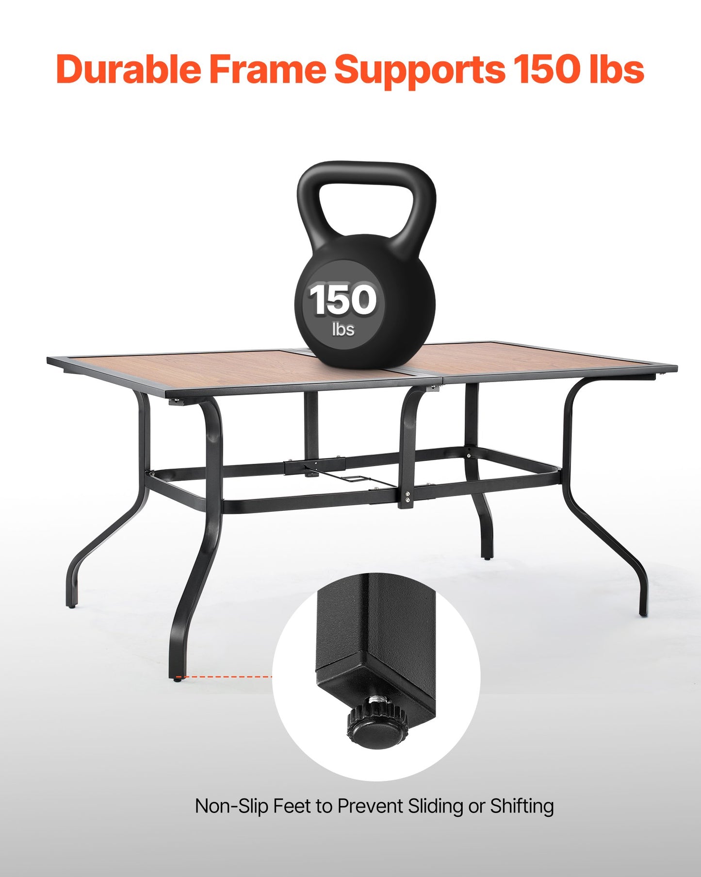 Matbord för utomhusbruk, 150 cm långt rektangulärt bistrobord i träliknande stål med ribbor för 4-6 personer, med 38 mm paraplyhål, stora vädertåliga möbler för gräsmatta/veranda, brunt