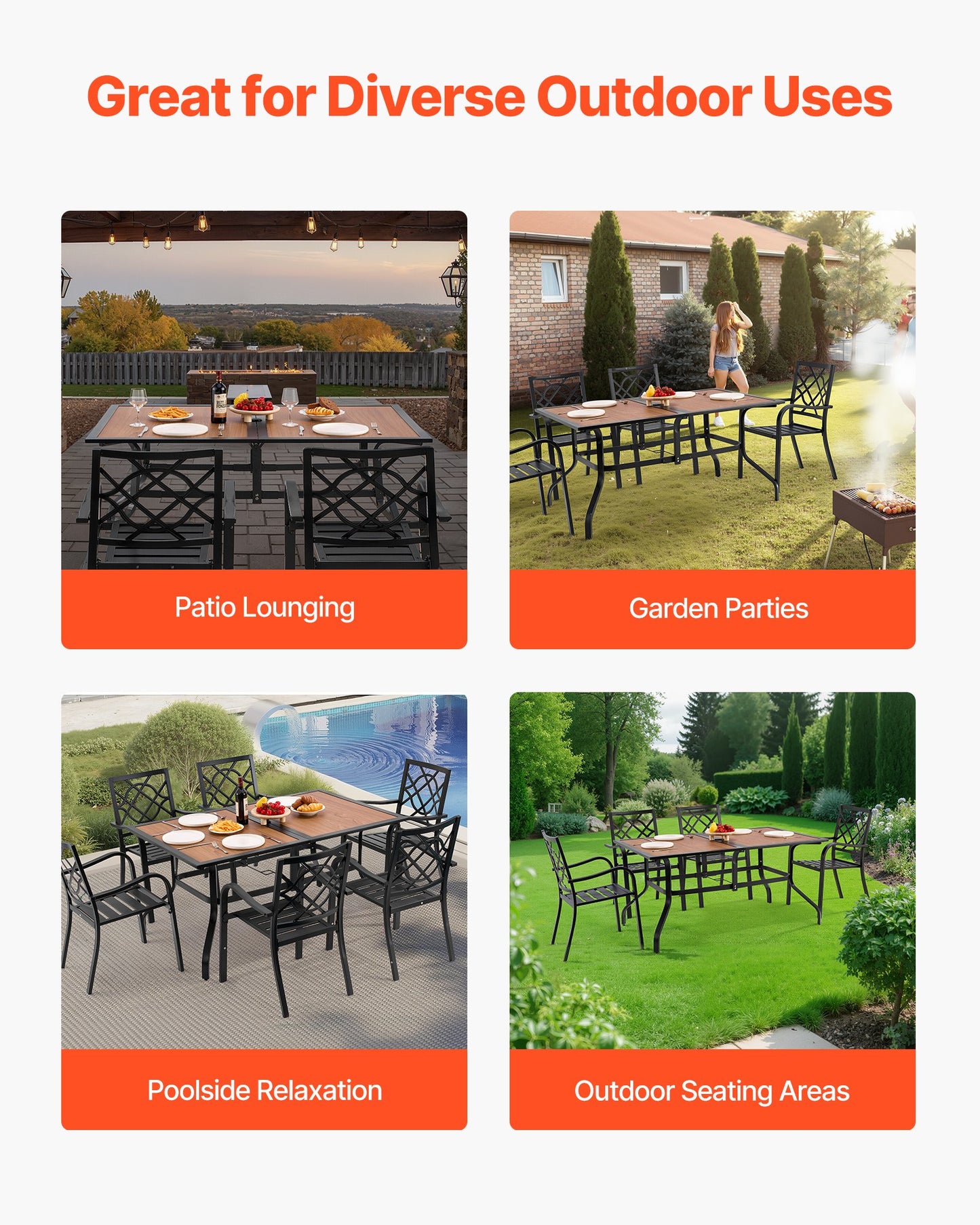 Matbord för utomhusbruk, 150 cm långt rektangulärt bistrobord i träliknande stål med ribbor för 4-6 personer, med 38 mm paraplyhål, stora vädertåliga möbler för gräsmatta/veranda, brunt