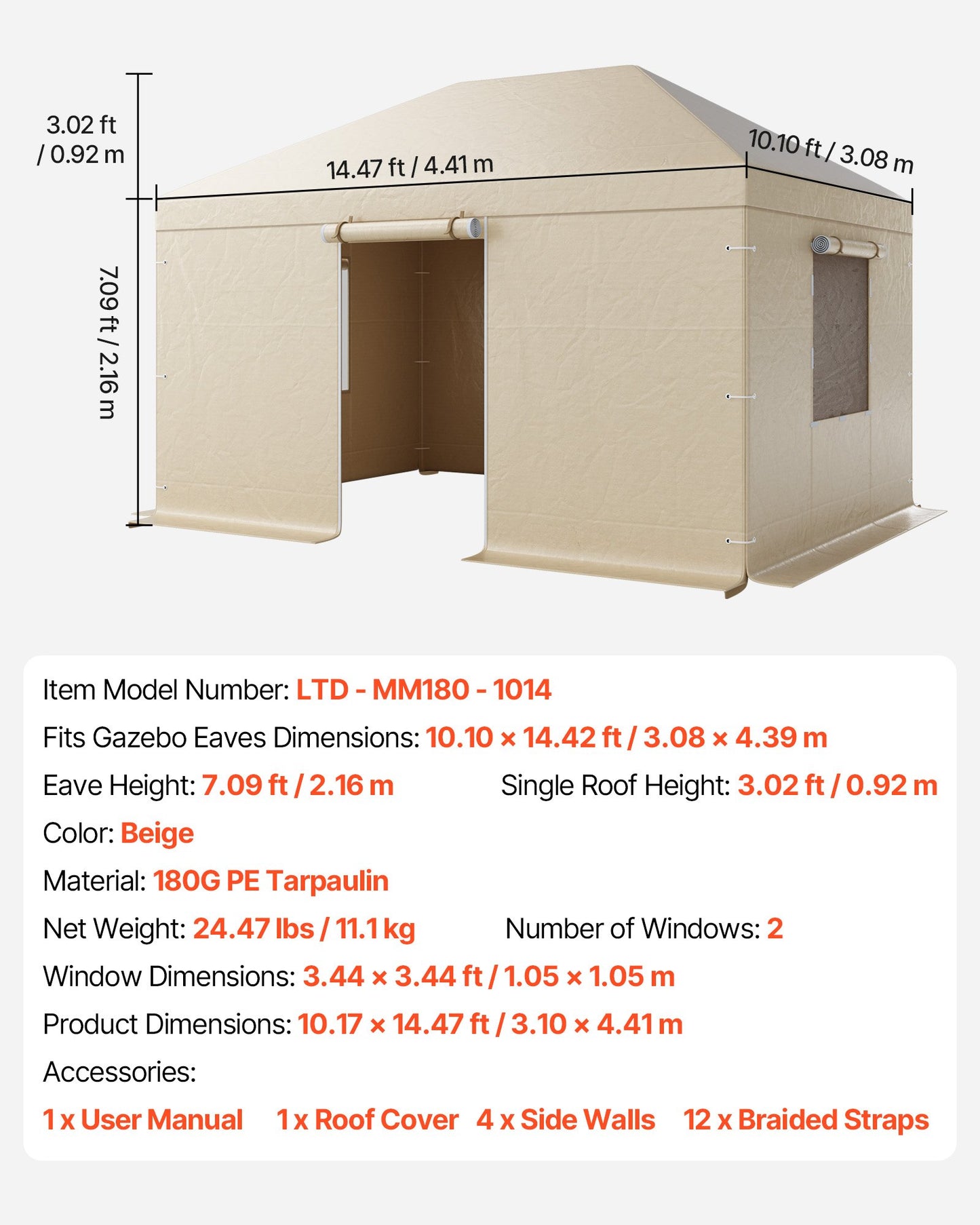 Winter Gazebo Cover Fits 3.08 x 4.39 m Hardtop Gazebos, All-Weather Gazebo Cover with Sidewalls & Windows, High-Density PE Material, Enclosed Storage Shelter Covers, Gazebos not Included