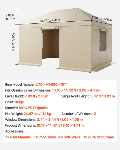 Winter Gazebo Cover Fits 3.08 x 4.39 m Hardtop Gazebos, All-Weather Gazebo Cover with Sidewalls & Windows, High-Density PE Material, Enclosed Storage Shelter Covers, Gazebos not Included