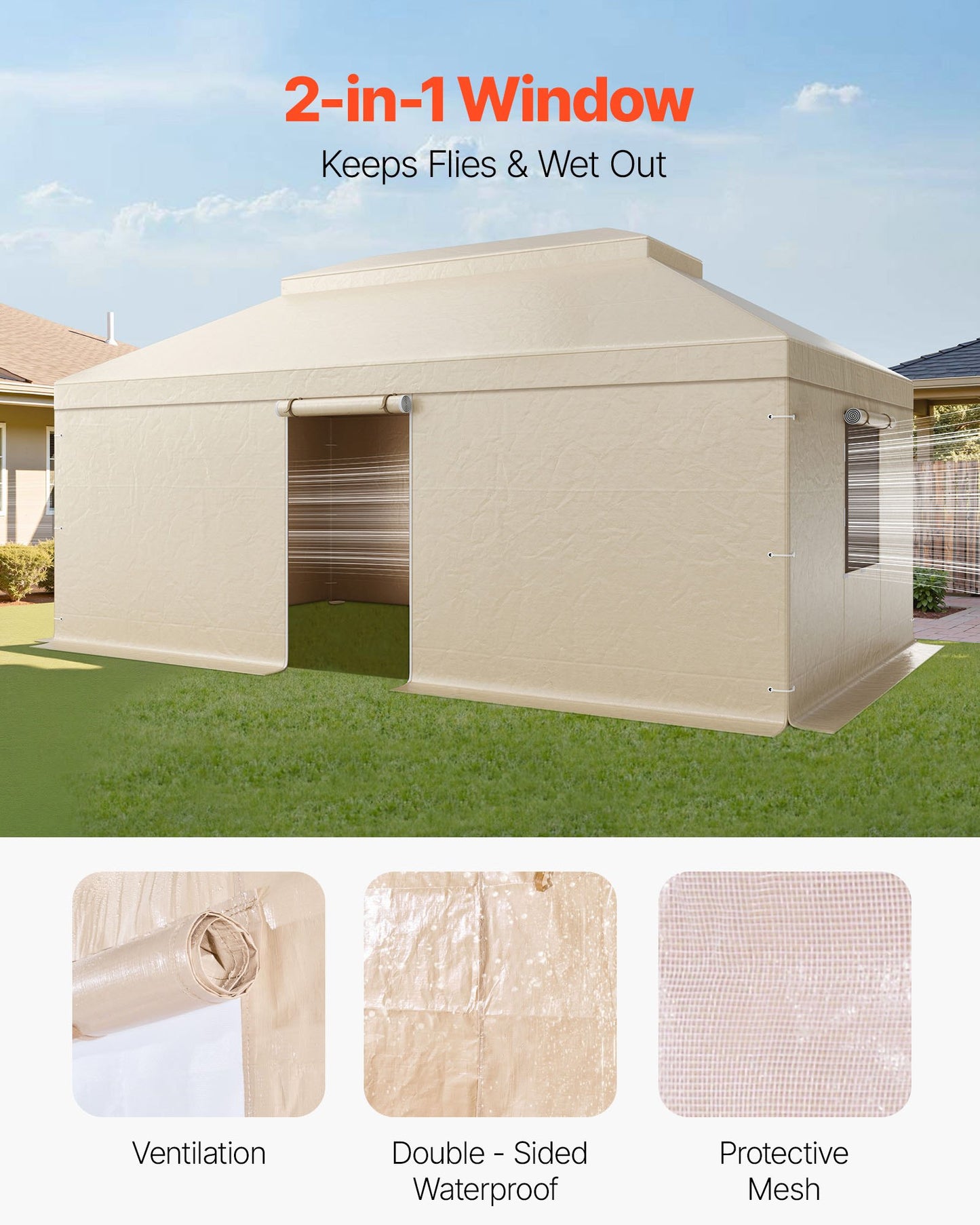 Vinterpaviljongöverdrag passar 3,66 x 6,10 m paviljonger med hård tak, allväderspaviljongöverdrag i dubbla nivåer med sidoväggar och nätfönster, högdensitets PE-förvaringsskydd, paviljonger ingår ej