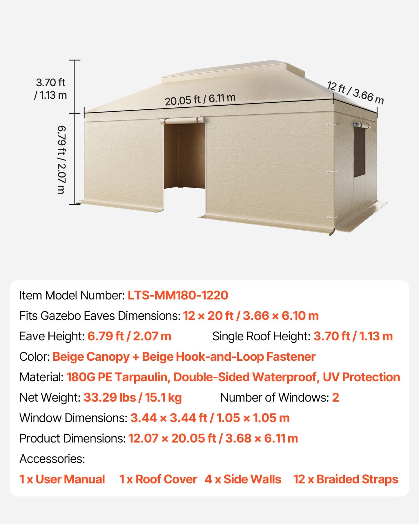 Vinterpaviljongöverdrag passar 3,66 x 6,10 m paviljonger med hård tak, allväderspaviljongöverdrag i dubbla nivåer med sidoväggar och nätfönster, högdensitets PE-förvaringsskydd, paviljonger ingår ej