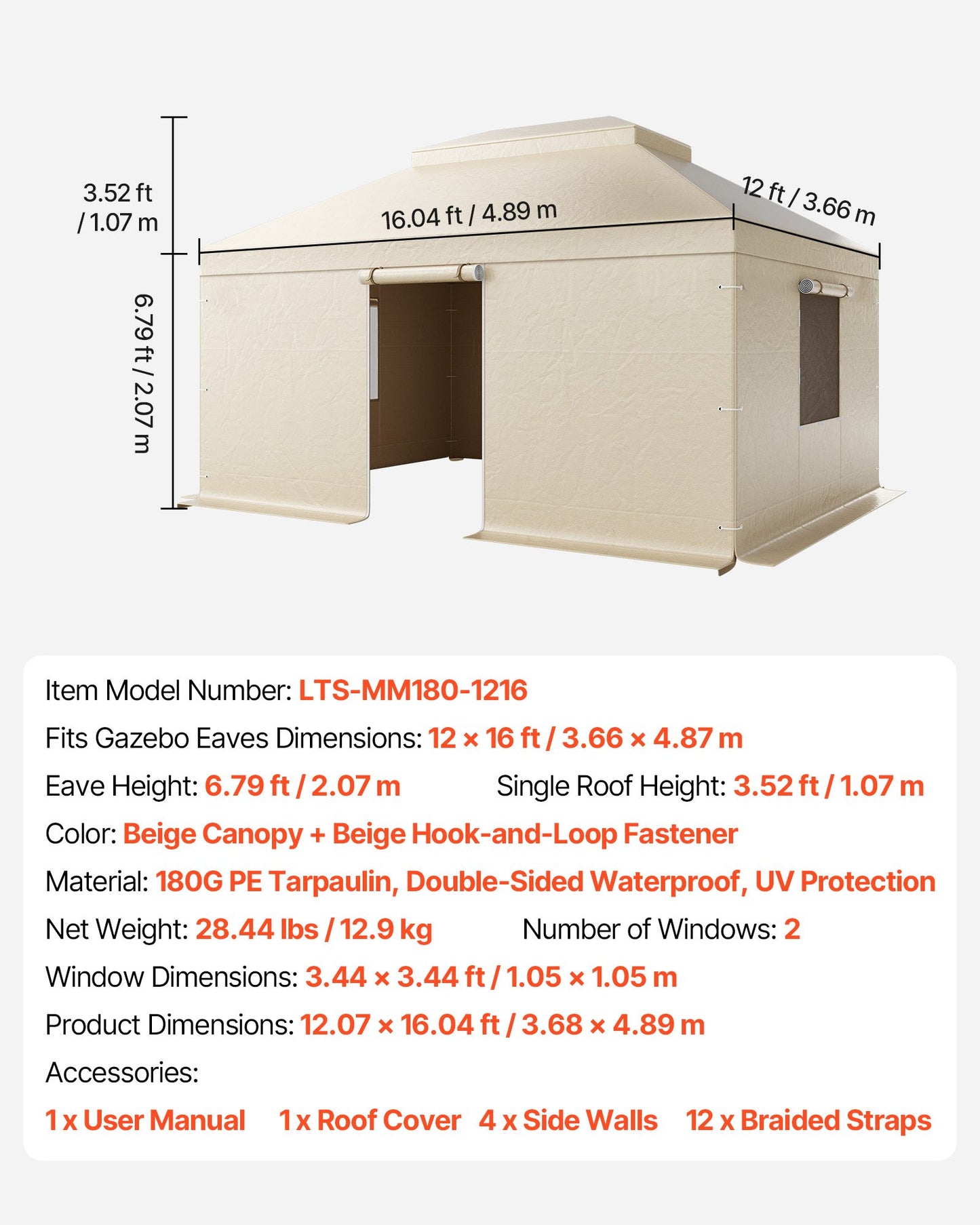 Vinterpaviljongöverdrag passar 3,66 x 4,87 m paviljonger med hård tak, allväderspaviljongöverdrag i dubbla nivåer med sidoväggar och fönster, högdensitets PE-förvaringsskydd, paviljonger ingår ej