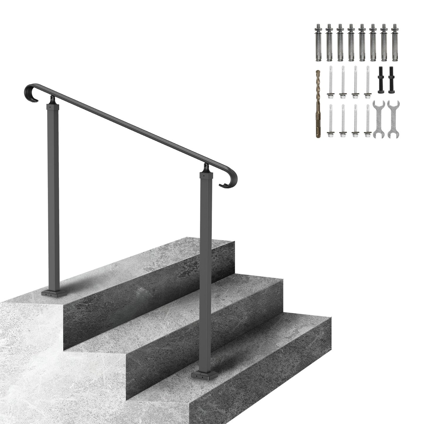 Wrought Iron Handrail, Fit 2 or 3 Steps Outdoor Stair Railing, Adjustable Front Porch Hand Rail, Black Transitional Hand railings for Concrete Steps or Wooden Stairs with Installation Kit