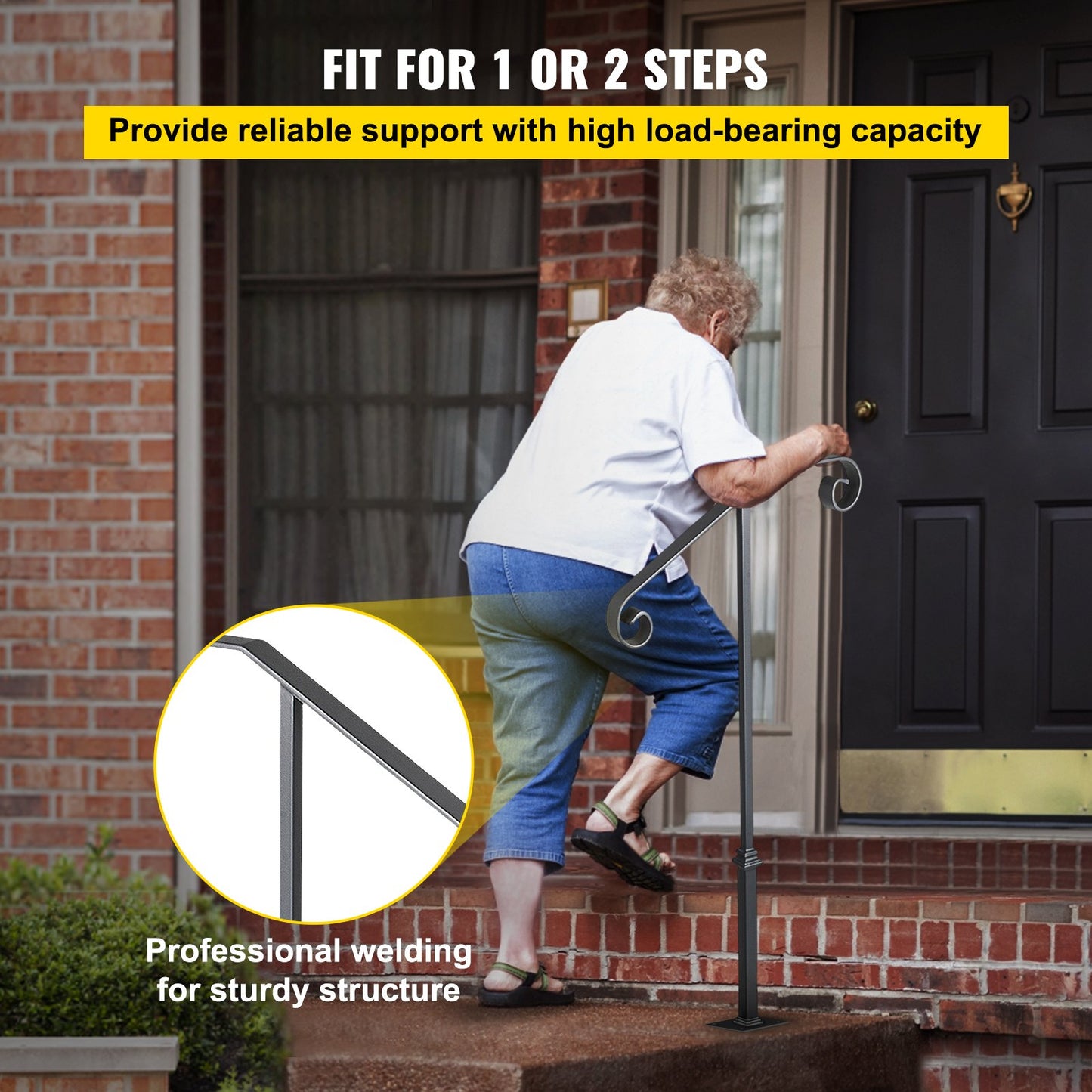 Mörkgrå ledstång med enkel stolpe, passar för 1 eller 2 trappsteg, ledstång i smidesjärn, smidesjärnsräcke med enkel stolpe, dekorativt toppräcke för trappor med beslag för utomhustrappor