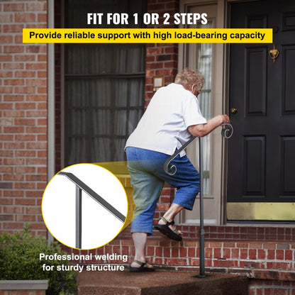 Mörkgrå ledstång med enkel stolpe, passar för 1 eller 2 trappsteg, ledstång i smidesjärn, smidesjärnsräcke med enkel stolpe, dekorativt toppräcke för trappor med beslag för utomhustrappor