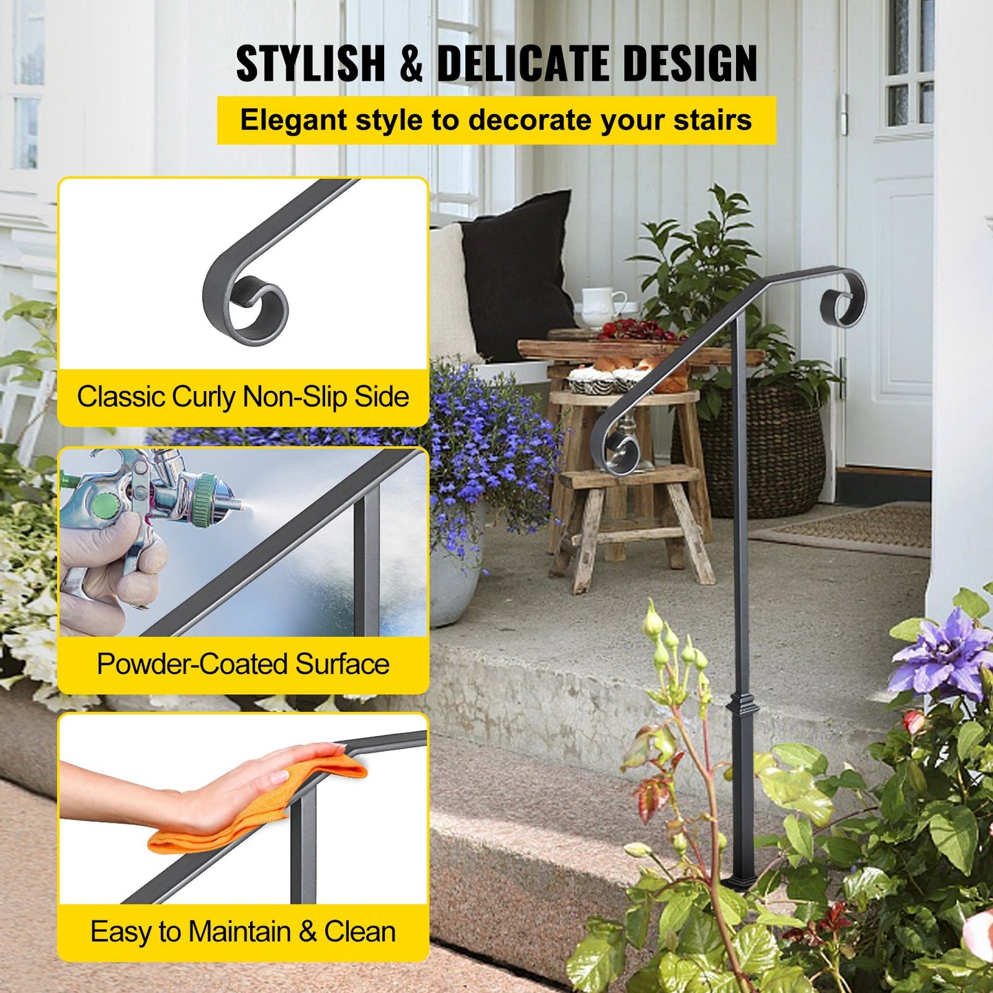 Mörkgrå ledstång med enkel stolpe, passar för 1 eller 2 trappsteg, ledstång i smidesjärn, smidesjärnsräcke med enkel stolpe, dekorativt toppräcke för trappor med beslag för utomhustrappor
