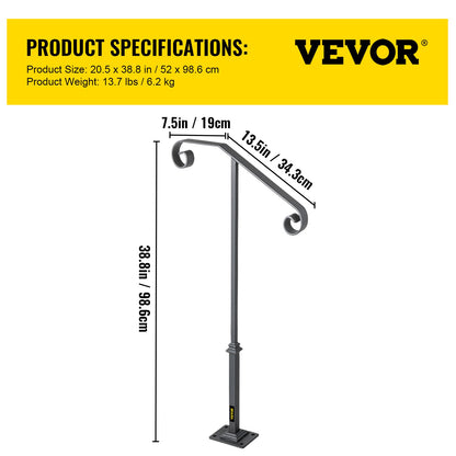 Mörkgrå ledstång med enkel stolpe, passar för 1 eller 2 trappsteg, ledstång i smidesjärn, smidesjärnsräcke med enkel stolpe, dekorativt toppräcke för trappor med beslag för utomhustrappor