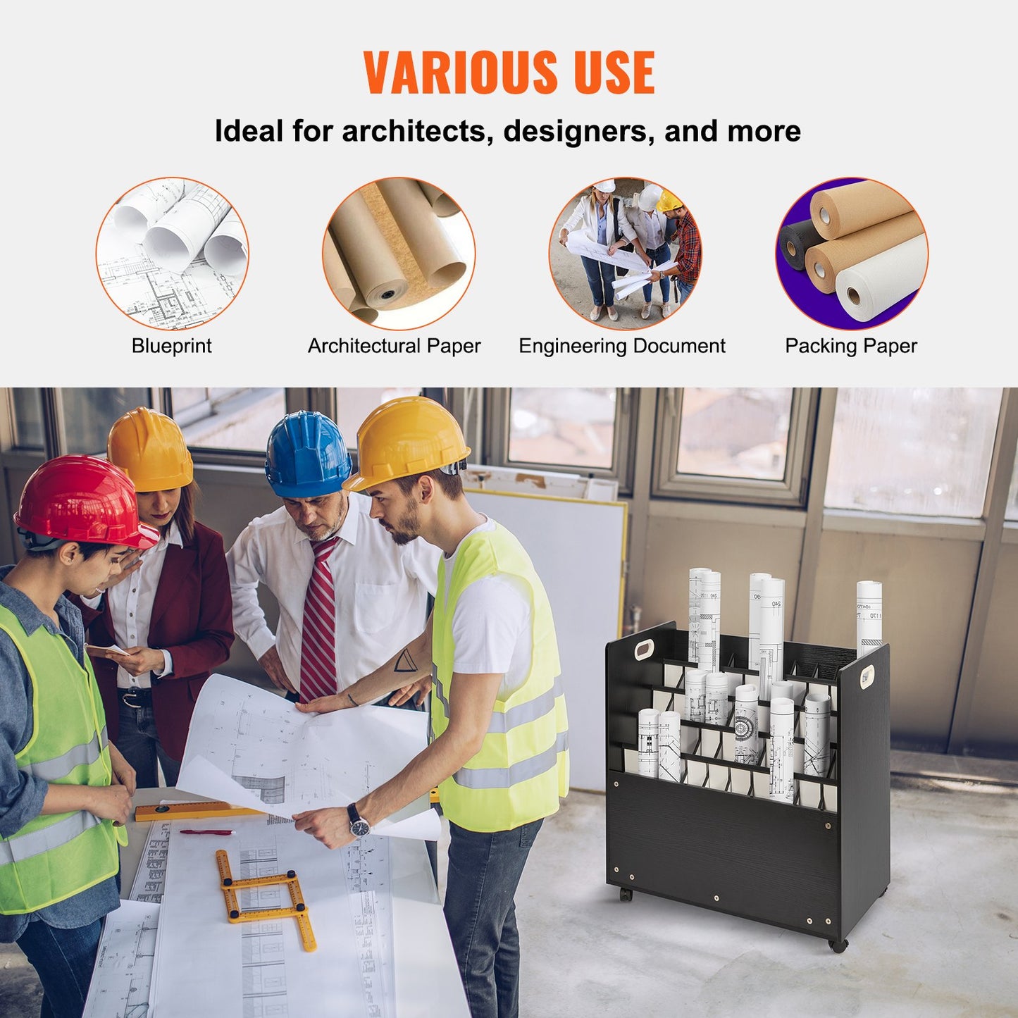 Blueprint Storage Rack, 50 Slots Mobile Blueprint Storage Cabinet, Wooden Roll File Organizer Cart for Construction Plan Map Poster Architectural, Blueprint File Holder for Home, Office, School