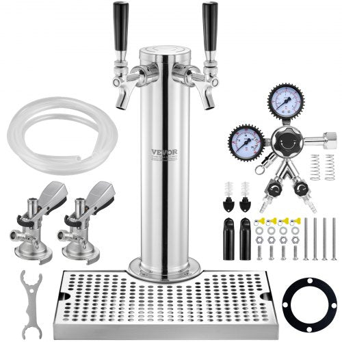 Kegerator Tower Kit, Dual Taps Beer Conversion Kit, Stainless Steel Keg Beer Tower Dispenser with Dual Gauge W21.8 Regulator & A-System Keg Coupler, Beer Drip Tray for Party Home